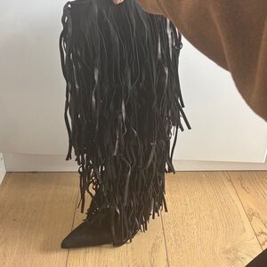 Black Fringe Knee-High Boots